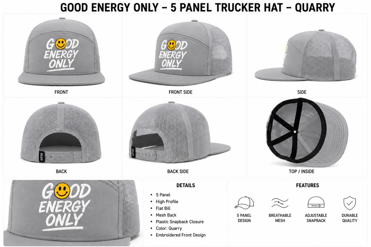 Good Energy Only™ 5-Panel Trucker Hat – Quarry
